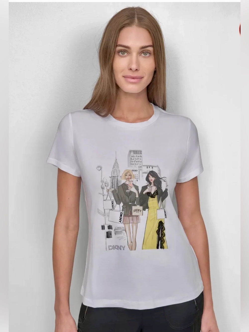 DKNY White Short-Sleeve Graphic Tee with Yellow Accent